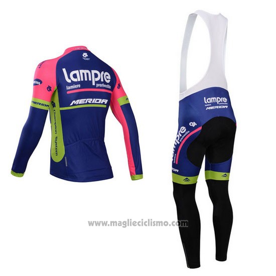 2014 Abbigliamento Ciclismo Lampre Merida Rosa e Blu Manica Lunga e Salopette